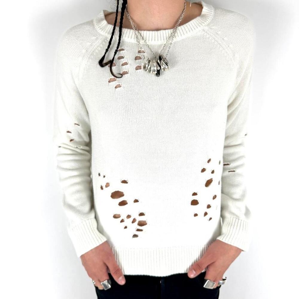 Vintage y2k grunge archive rare white zippered thrashed distressed sweater